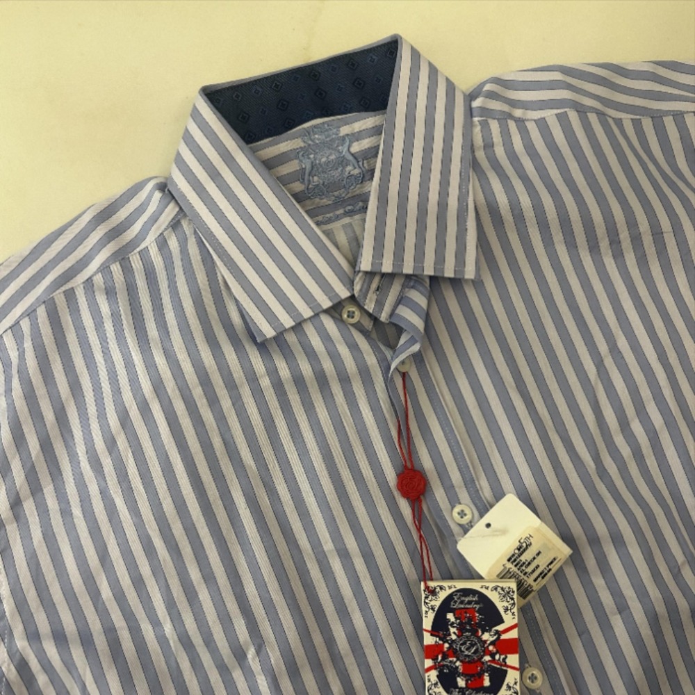 English Laundry Shirt Mens 17.5 32/33 Blue Stripe Dress Long Sleeve Business